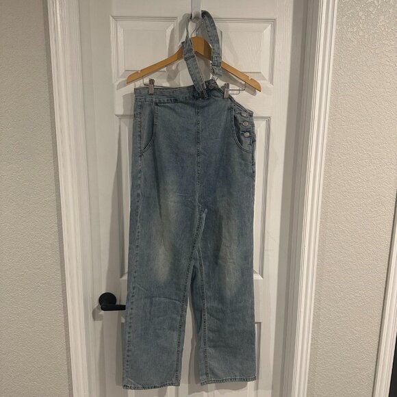 Womens VTG Jean Overalls Straight Leg Relaxed Baggy One Shoulder Denim Jumpsuit - Picture 2 of 4